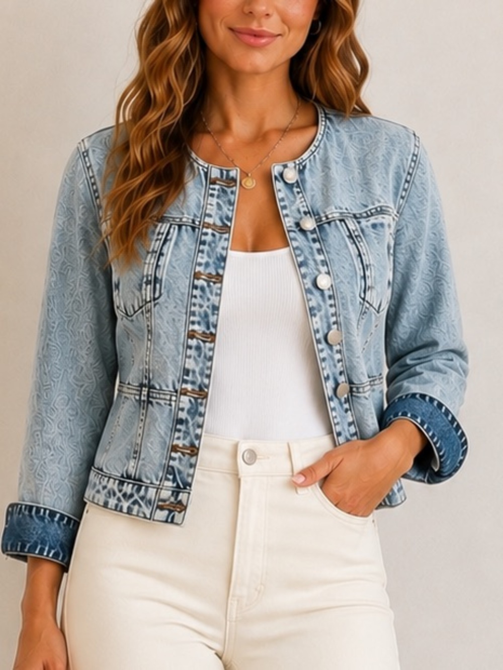 Bagatelle Collarless Acid Wash Denim Jacket Cropped Fitted Button Size M NWT